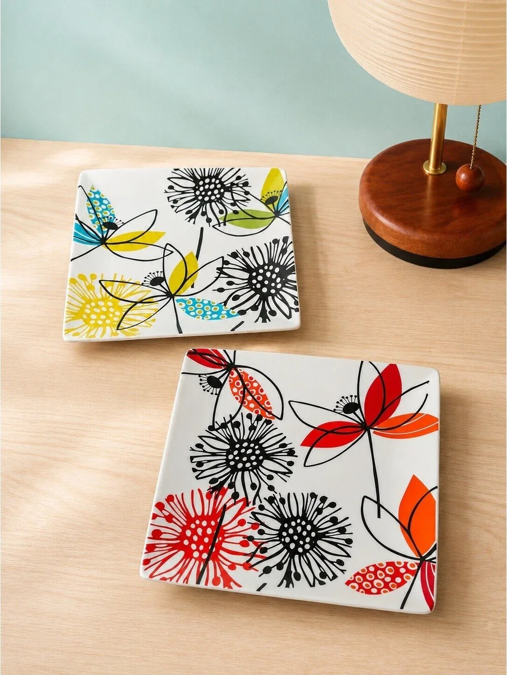 Crate & Barrel 2000s 2 Square Plates Modern Flower Multicolor Porcelain, 8x8”